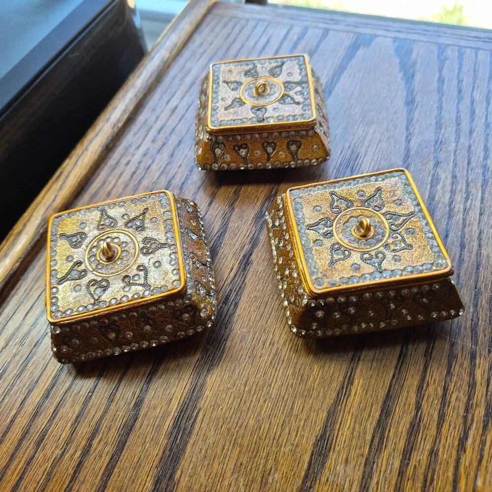 3 Vtg Pier 1 Jeweled Trinket Boxes Square Hexagon Jewelry Small 3x3x1 Gold Boho